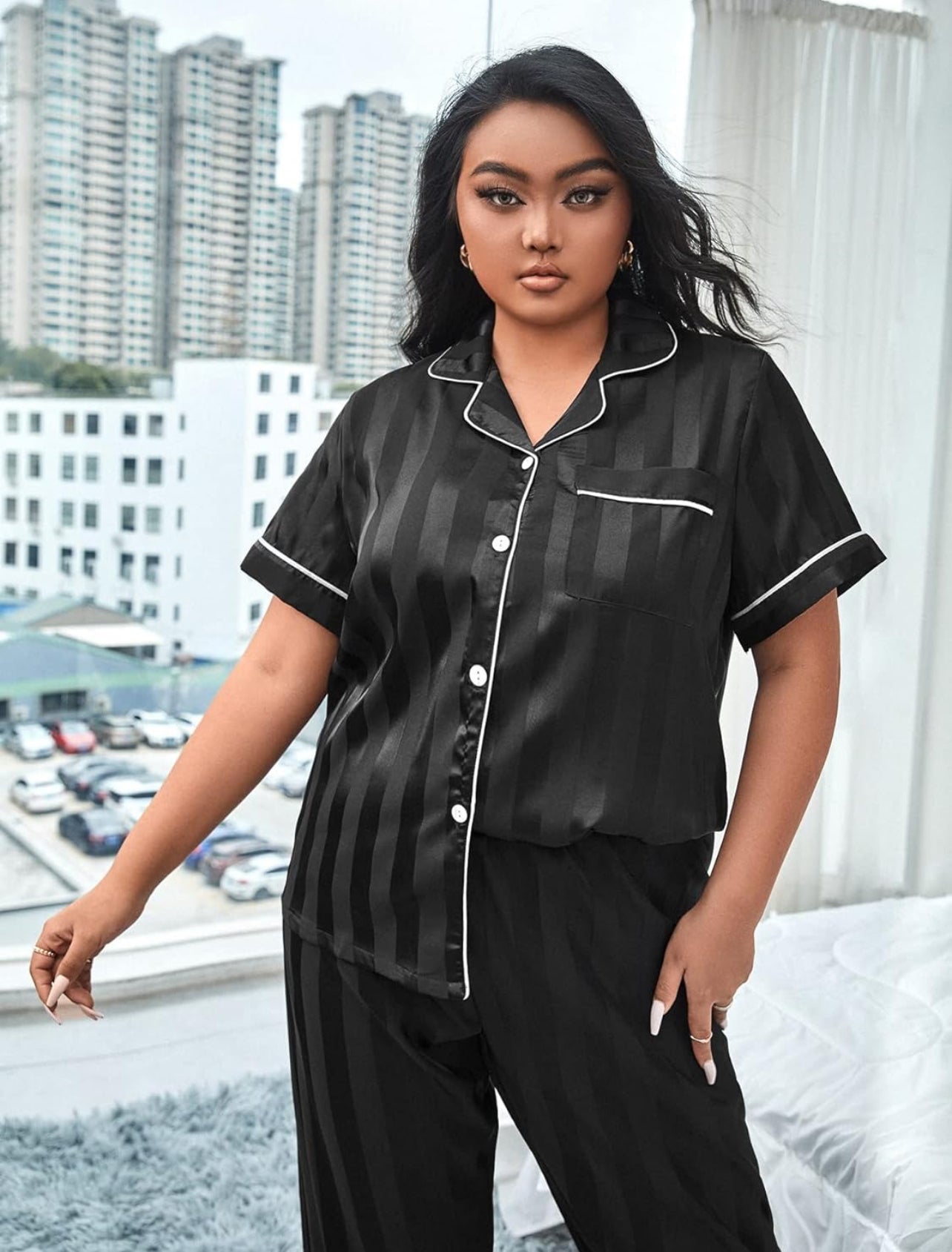 Curvy Satin Pajama Set Short Sleeve